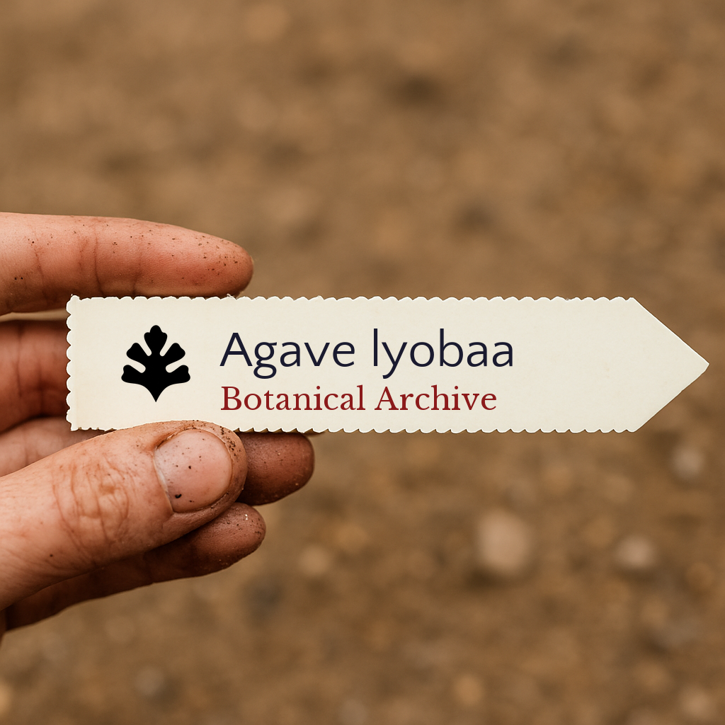 Printed plant label for Agave lyobaa held by dirty hand over soil background