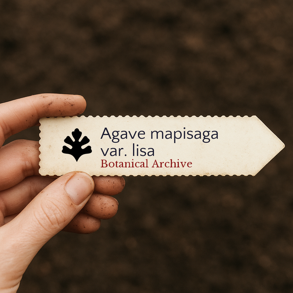 Printed plant label for Agave mapisaga var. lisa held by hand over soil background