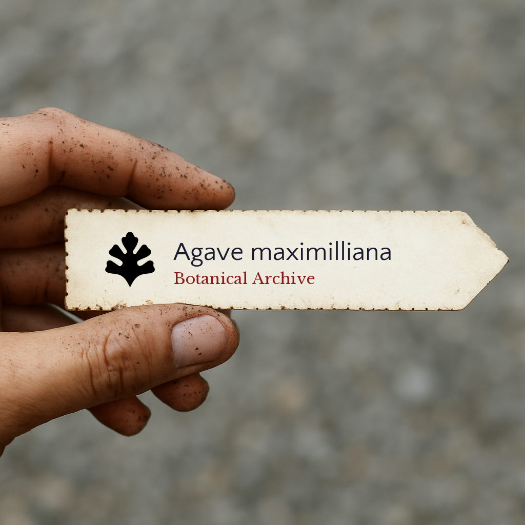 Etichetta stampata per pianta di Agave maximilliana tenuta da una mano sporca all'aperto