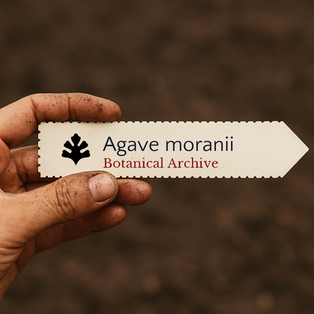 Printed plant label for Agave moranii with botanical archive logo held by dirty hand