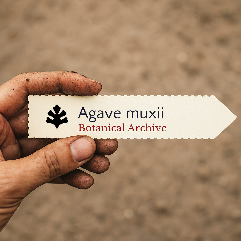 Etichetta stampata per pianta di Agave muxii tenuta da mano sporca con sfondo di terreno