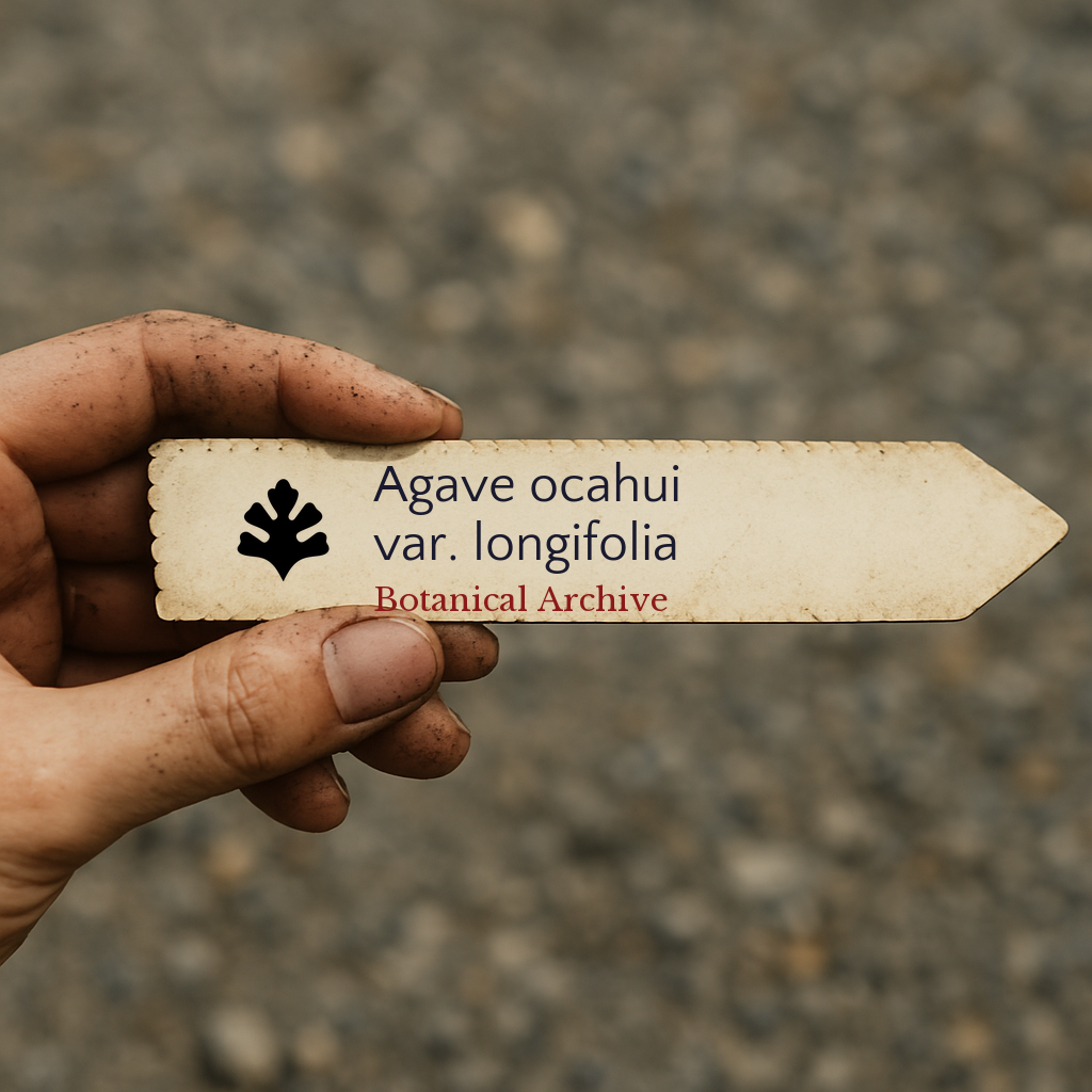 Etichetta stampata per pianta di Agave ocahui var. longifolia tenuta da mano sporca all'aperto