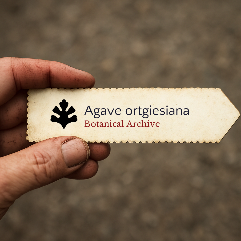 Etichetta vegetale stampata per Agave ortgiesiana con logo Botanical Archive tenuta a mano