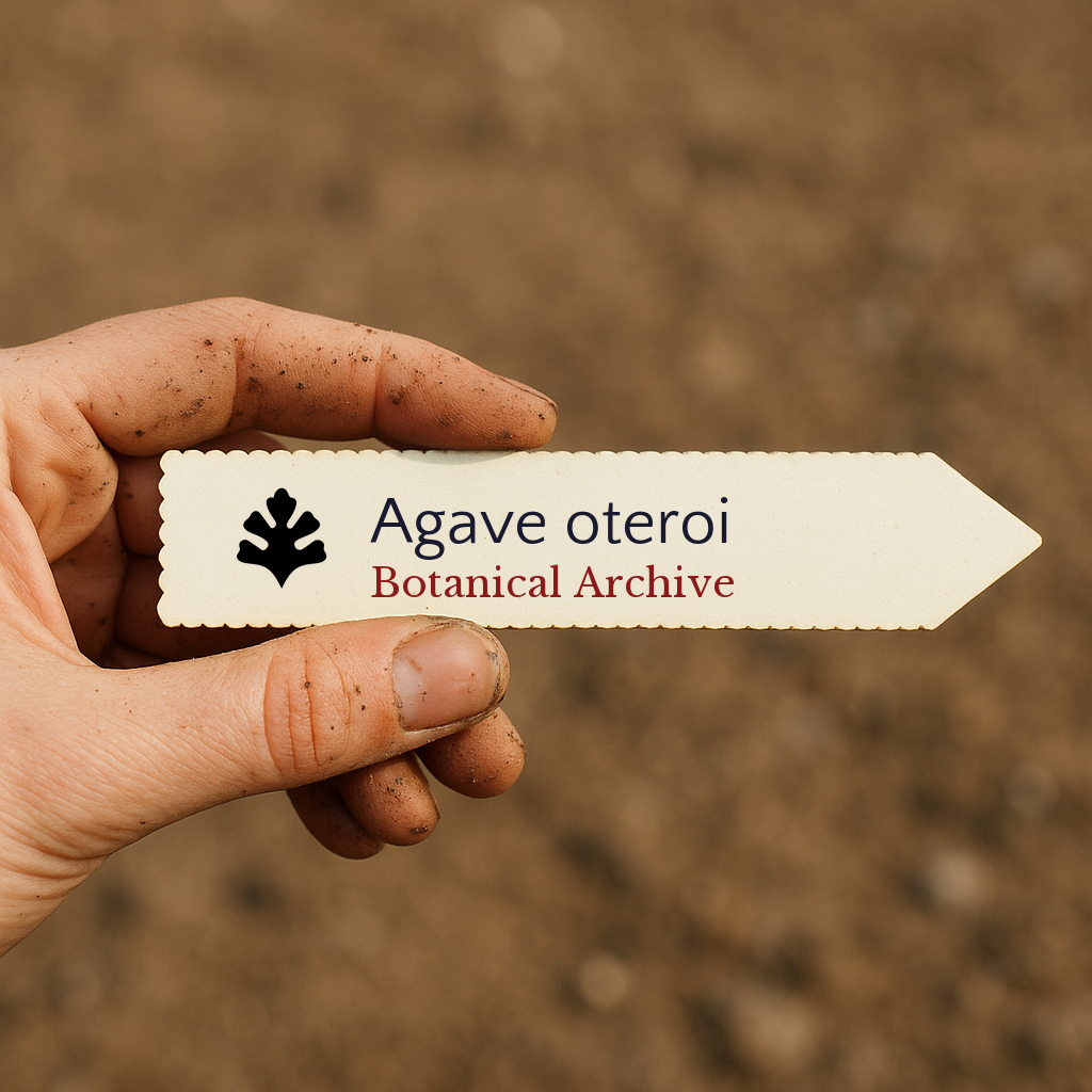 Printed plant label for Agave oteroi held by dirty hand with soil background