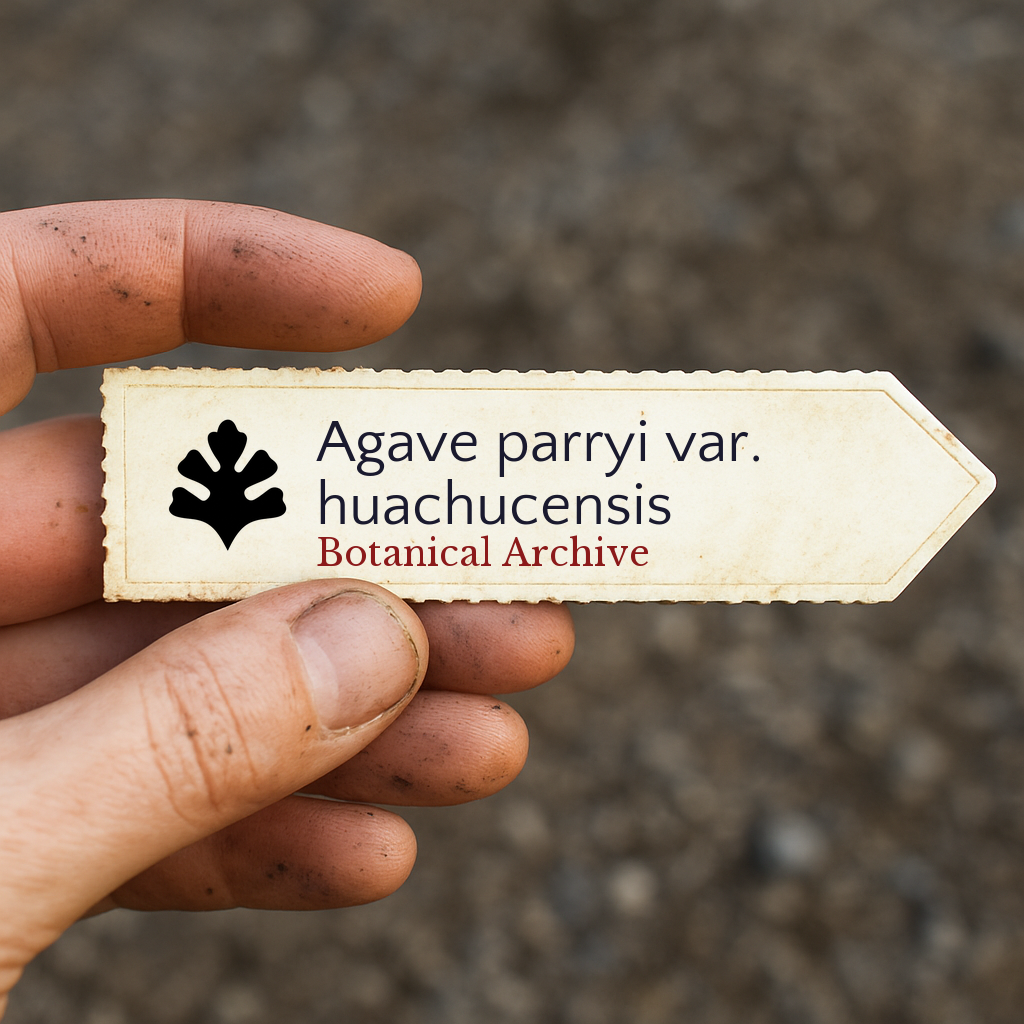 Etichetta stampata per pianta di Agave parryi var. huachucensis tenuta a mano con sfondo di terra