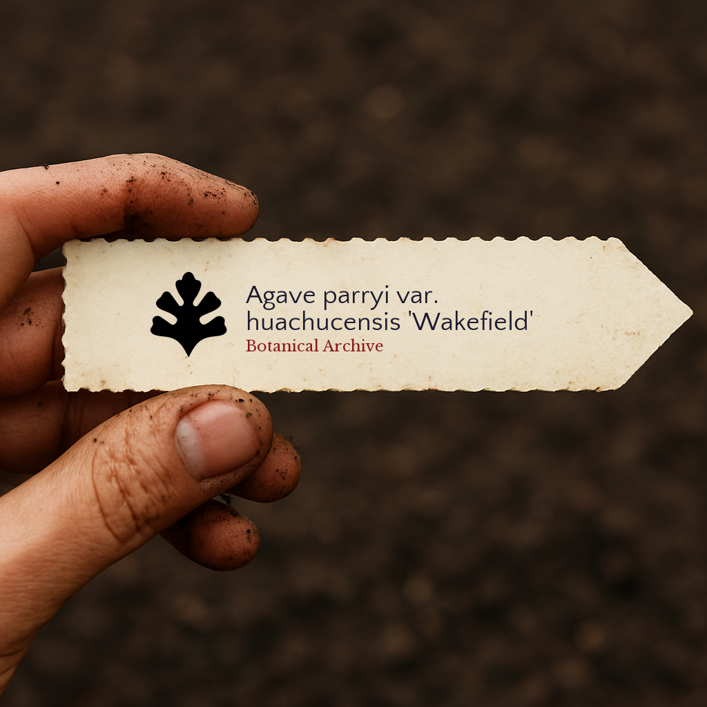 Etichetta stampata per pianta di Agave parryi var. huachucensis 'Wakefield' tenuta in mano sporca