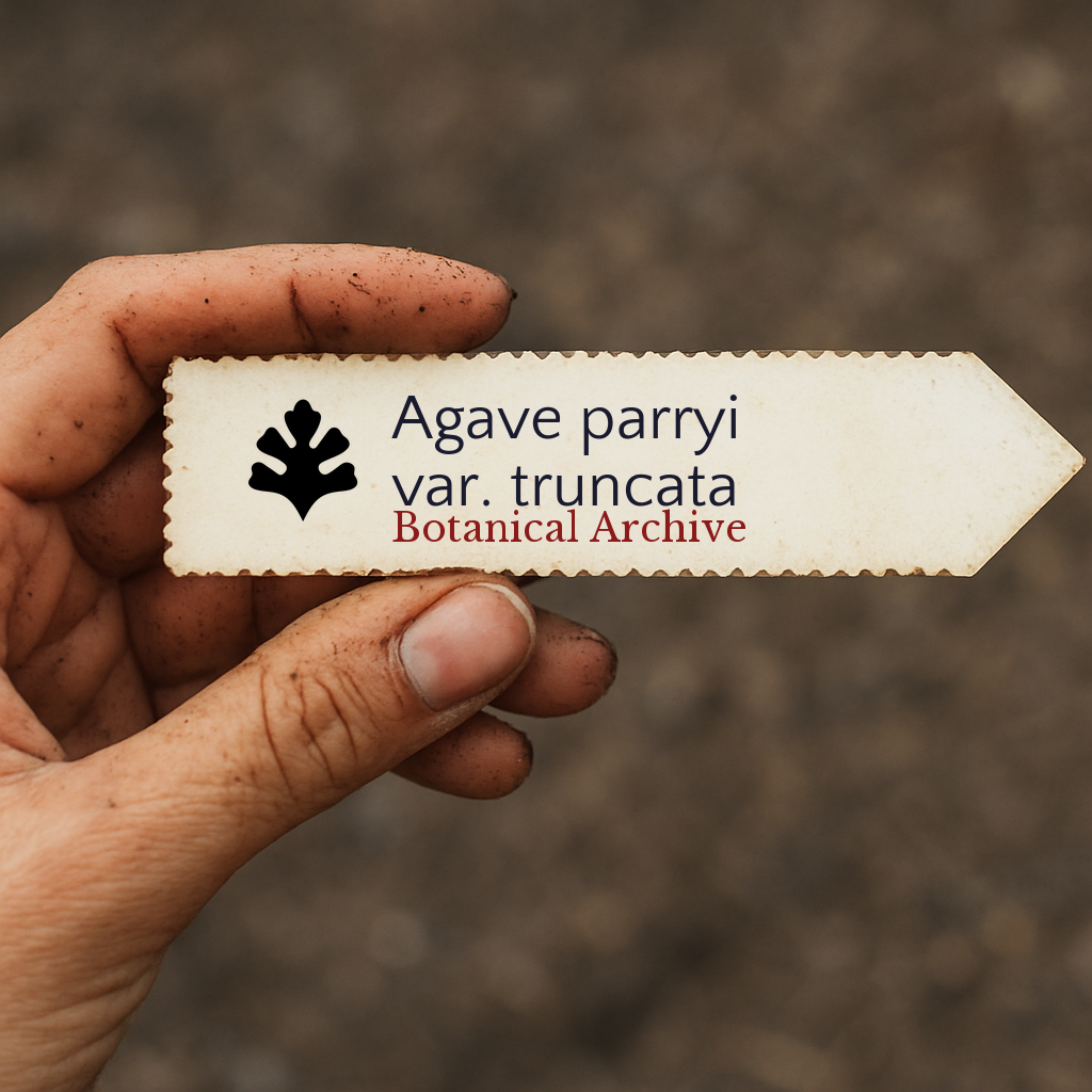 Printed plant label for Agave parryi var. truncata held in dirty hand outdoors