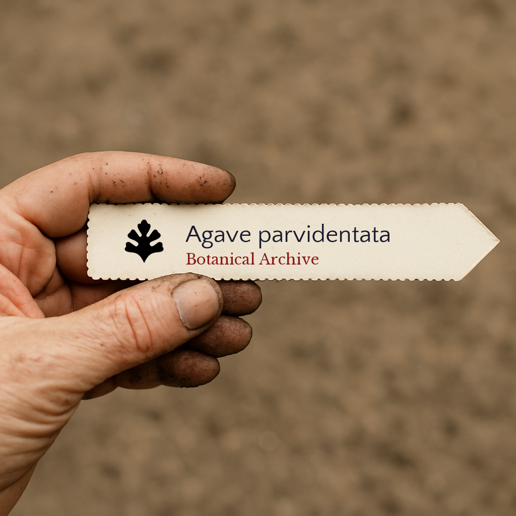 Etichetta per pianta stampata per Agave parvidentata tenuta da una mano sporca su sfondo di terreno