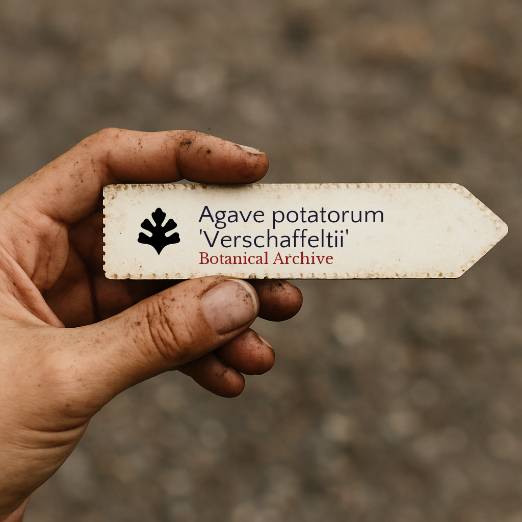 Printed plant label for Agave potatorum 'Verschaffeltii' held by dirty hand outdoors