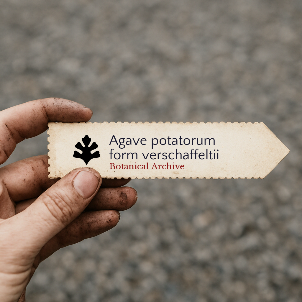 Printed plant label for Agave potatorum form verschaffeltii held by dirty hand outdoors