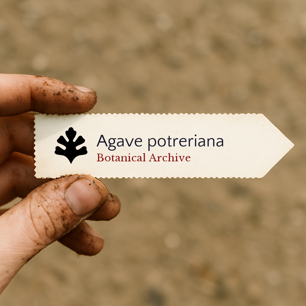 Etichetta stampata per pianta di Agave potreriana tenuta da mano sporca con sfondo sfocato di terreno