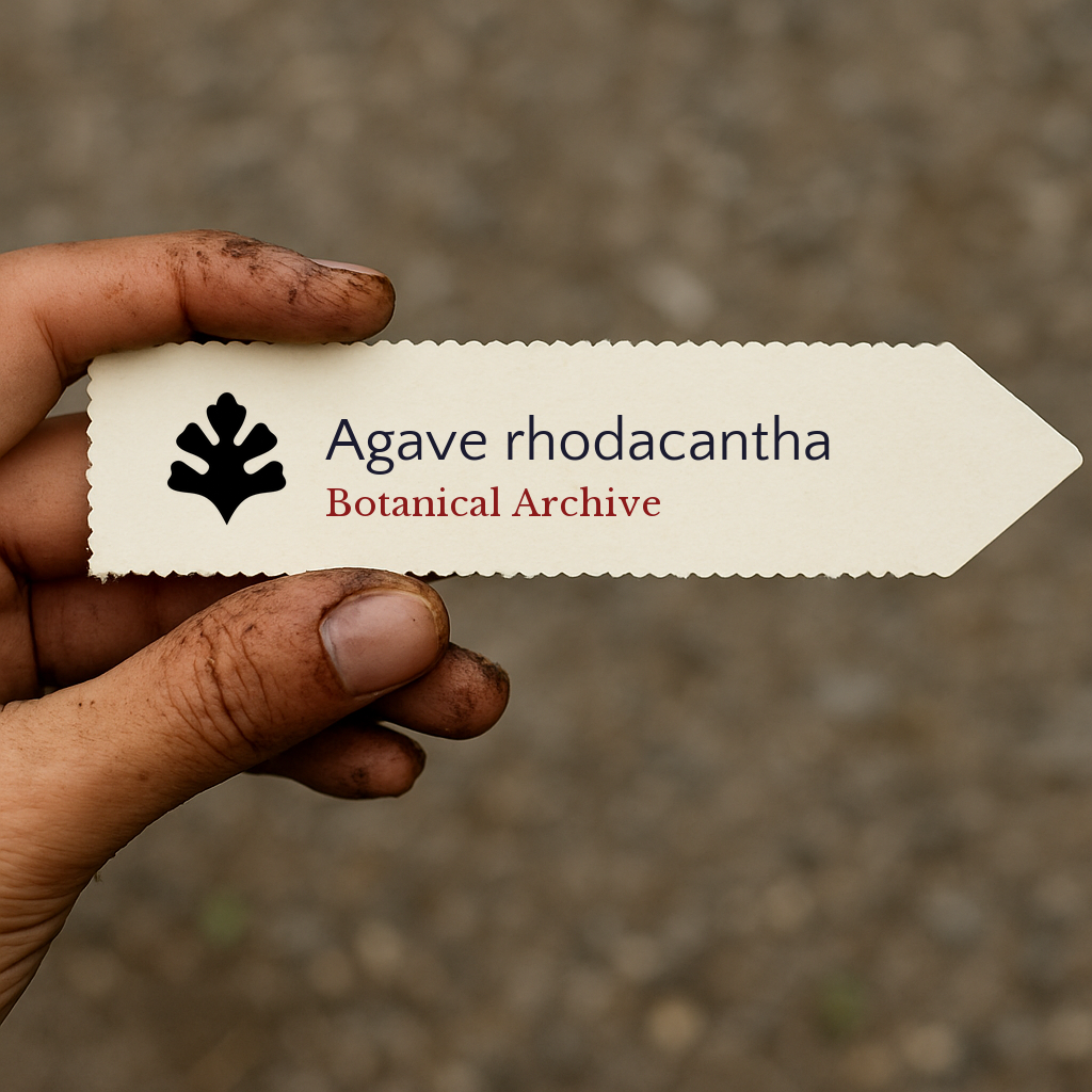 Printed plant label for Agave rhodacantha held by hand with dirt background