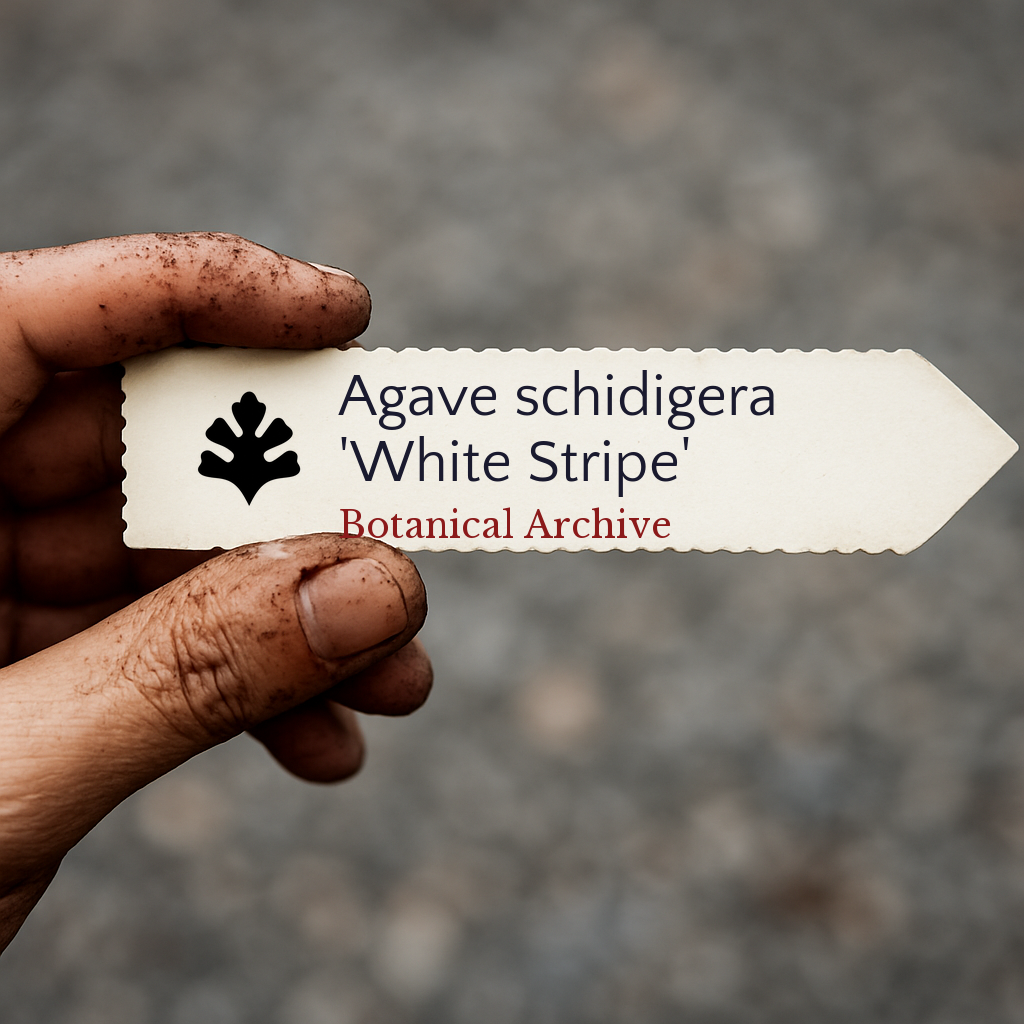 Etichetta per pianta stampata per Agave schidigera 'White Stripe' tenuta da mano sporca all'aperto