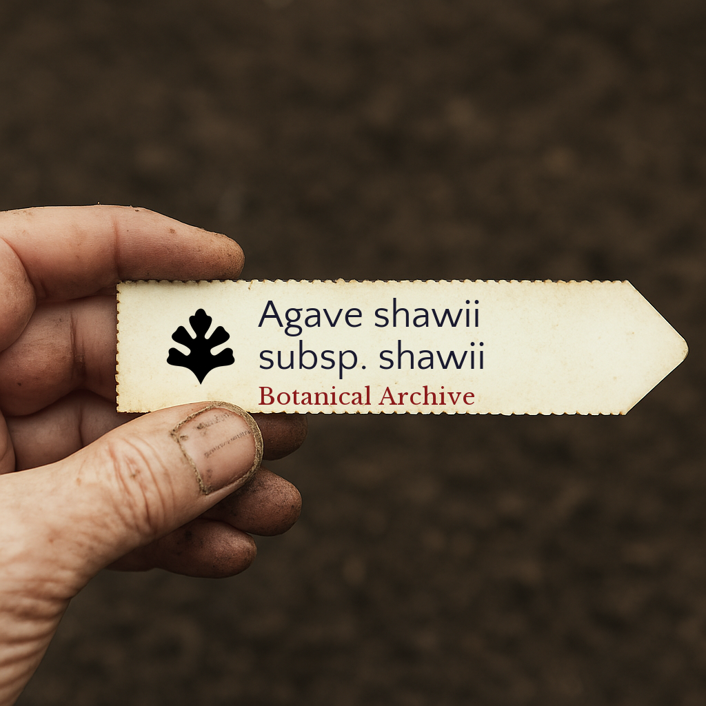 Printed plant label for Agave shawii subsp. shawii held by hand with soil background