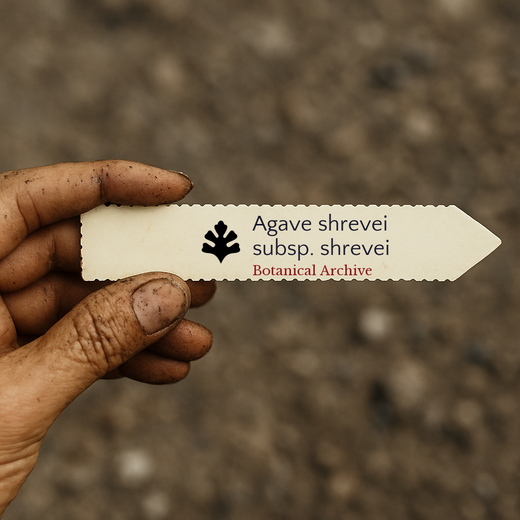 Printed plant label for Agave shrevei subsp. shrevei held by dirty hand outdoors
