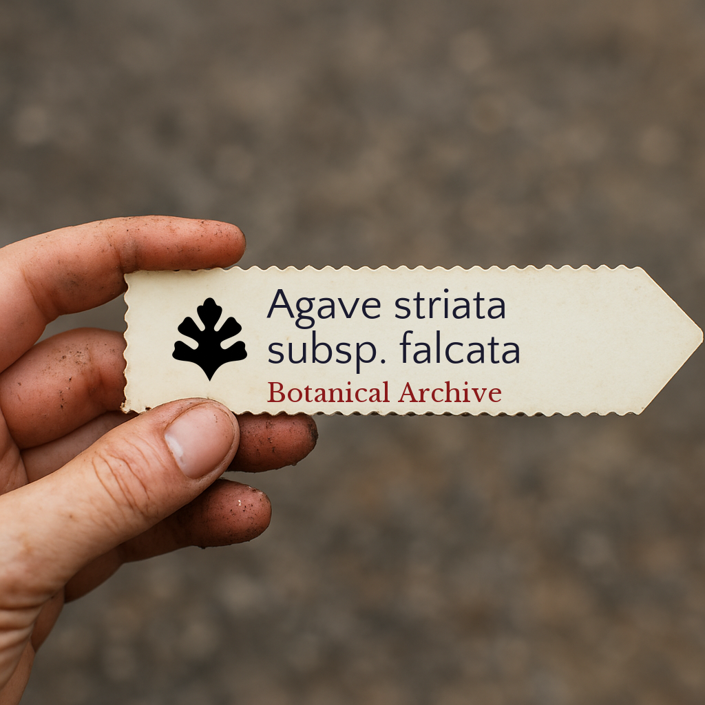 Etichetta stampata per pianta di Agave striata subsp. falcata tenuta da mano sporca all'aperto