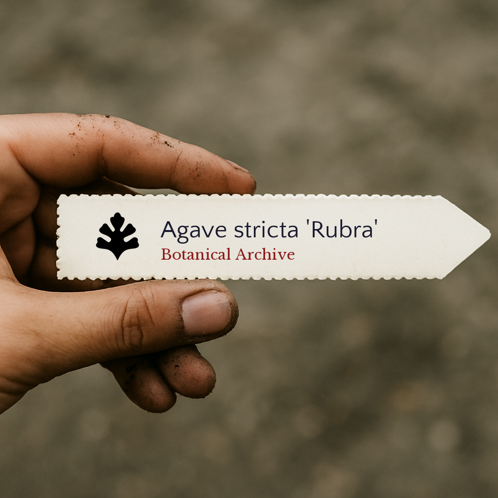 Printed plant label for Agave stricta 'Rubra' held by hand with soil-stained fingers