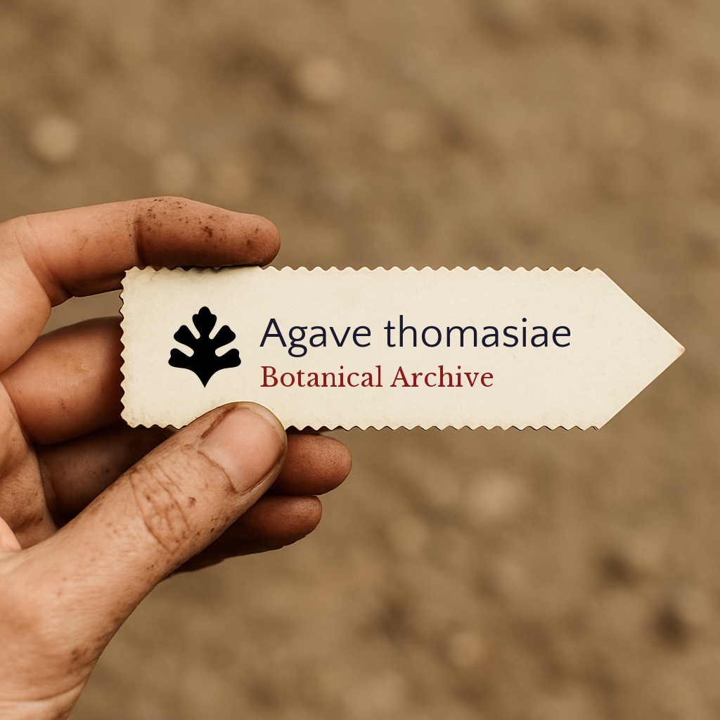 Printed plant label for Agave thomasiae held by hand with soil background
