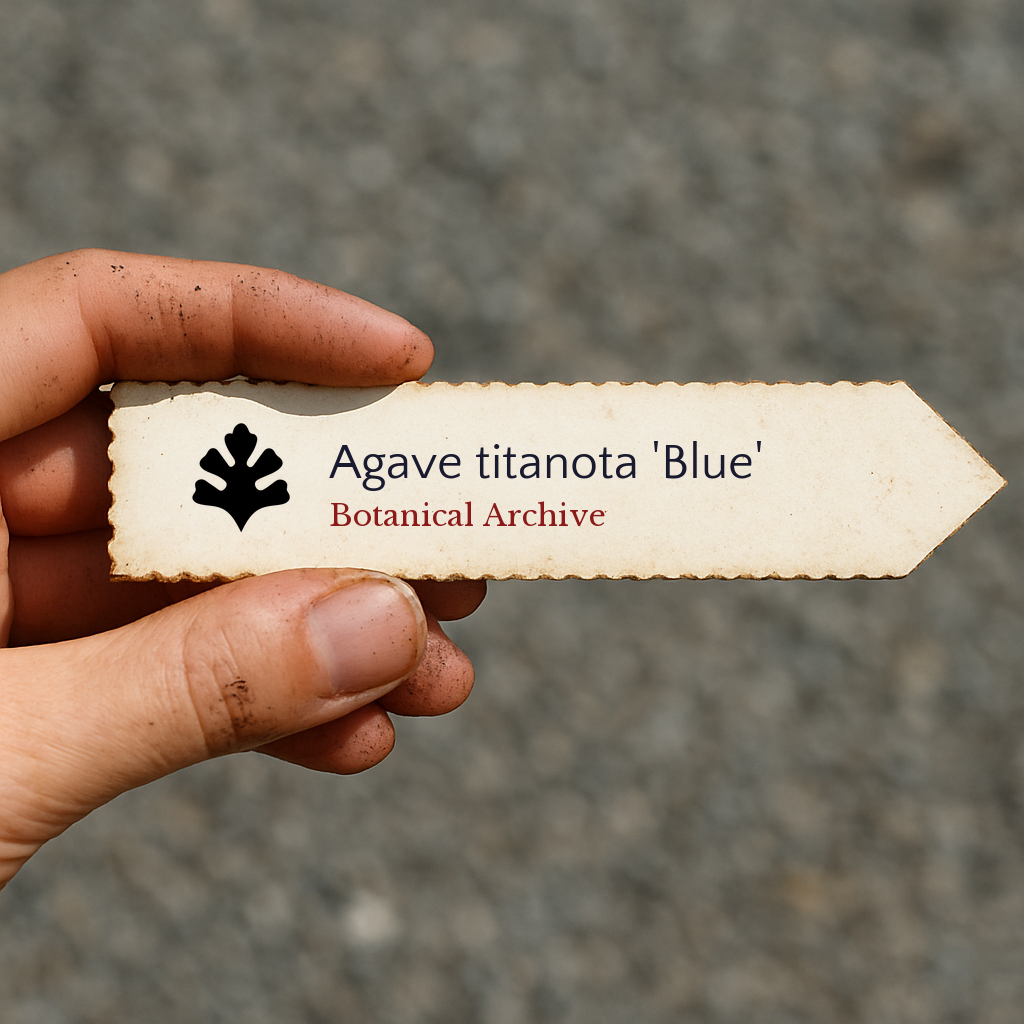 Etichetta pianta stampata per Agave titanota 'Blue' tenuta a mano all'aperto