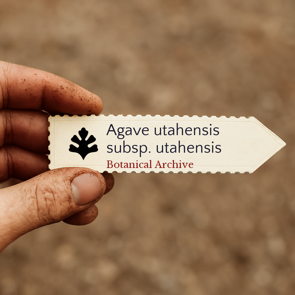 Printed plant label for Agave utahensis subsp. utahensis held in hand with dirt background