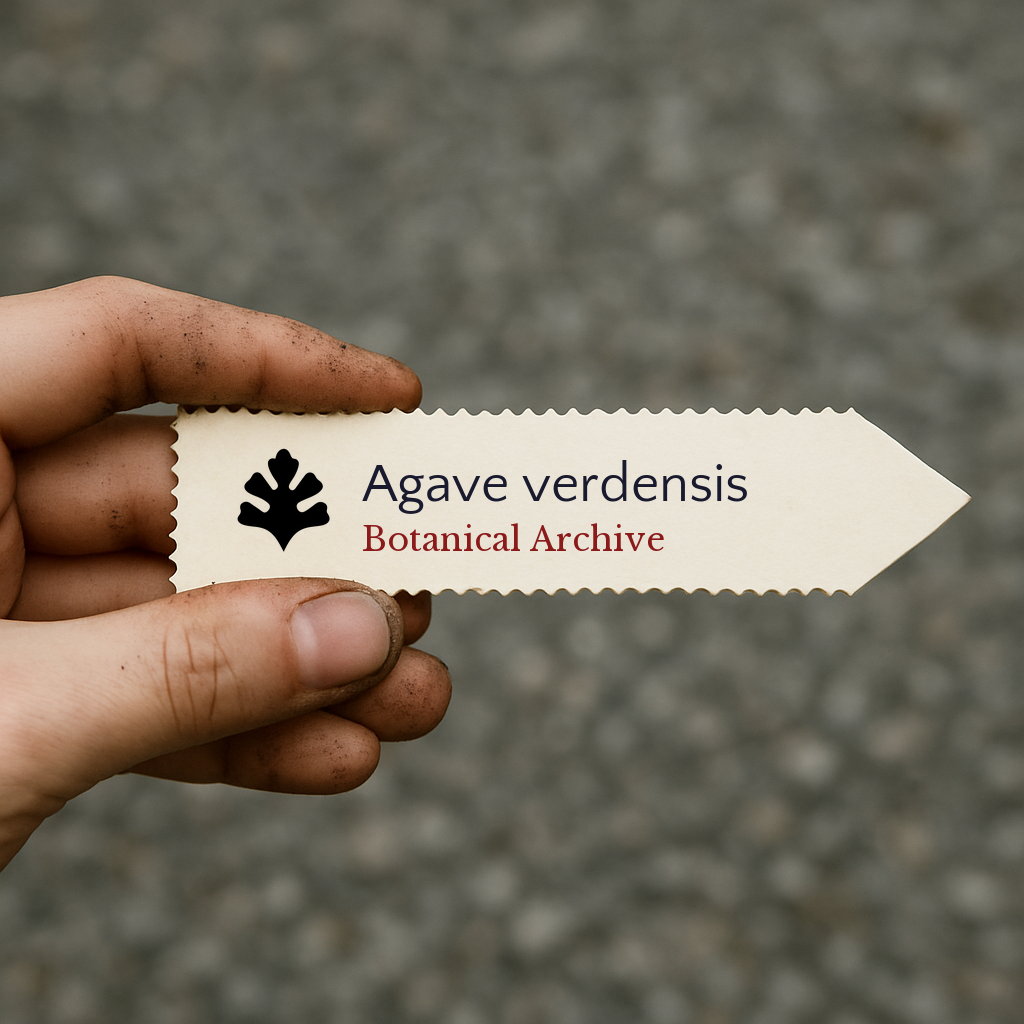 Printed plant label for Agave verdensis held by dirty hand outdoors