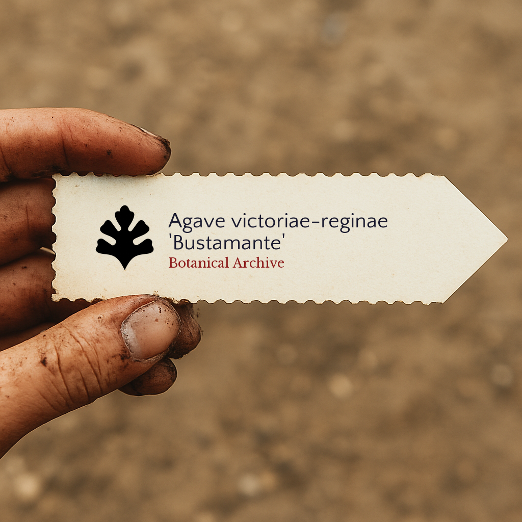 Etichetta stampata per pianta di Agave victoriae-reginae 'Bustamante' tenuta da mano sporca all'aperto