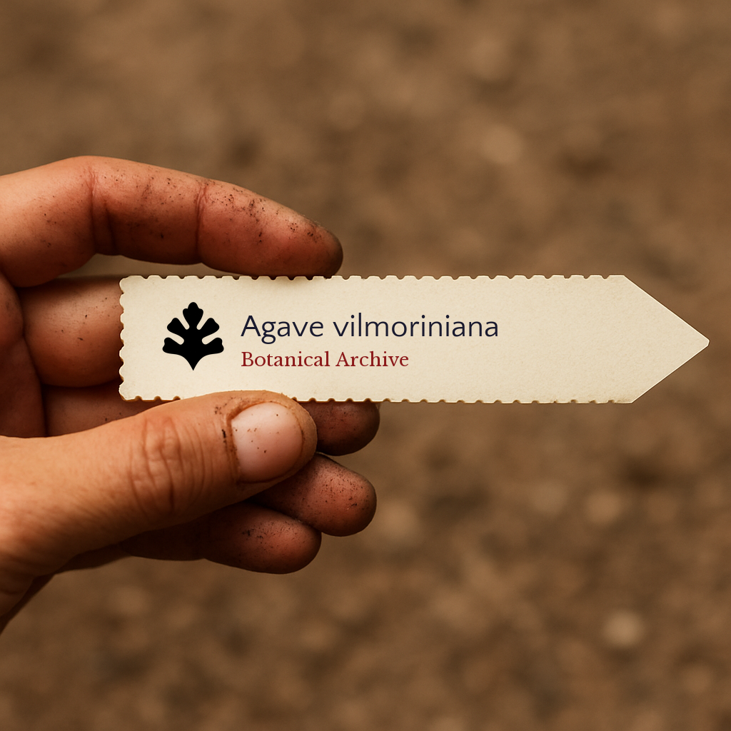 Etichetta stampata per pianta di Agave vilmoriniana tenuta in mano con sfondo di terreno