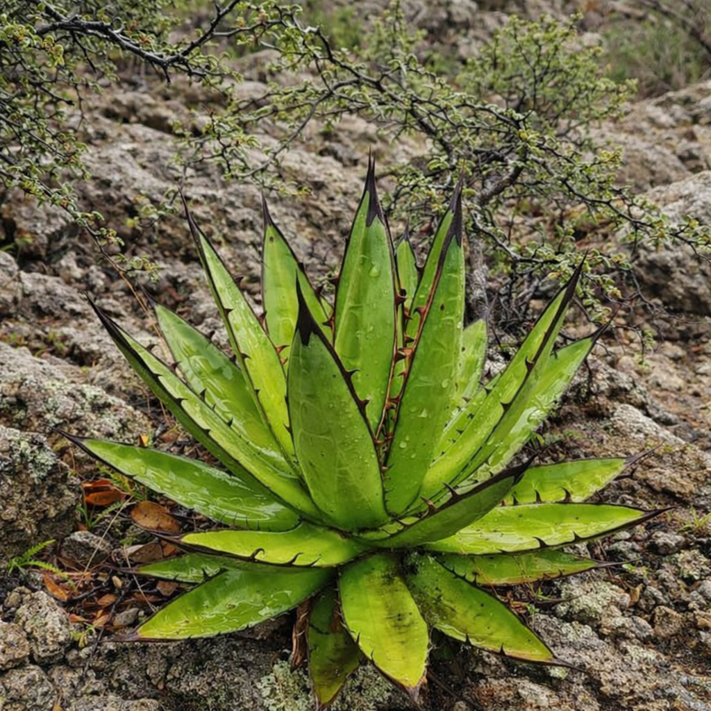 Agave convallis succulent rosette with sharp spines and dark leaf tips in rocky terrain