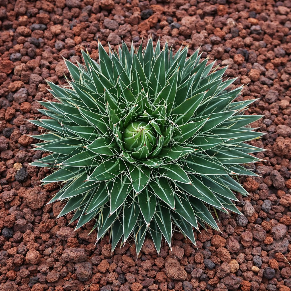 Agave filifera succulent rosette with white-edged spiny leaves on volcanic rock soil