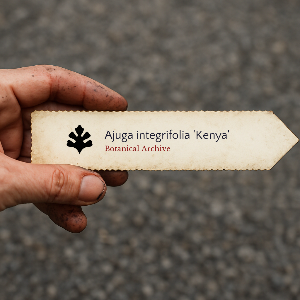 Etichetta per piante stampata per Ajuga integrifolia 'Kenya' tenuta a mano con terra sulle dita