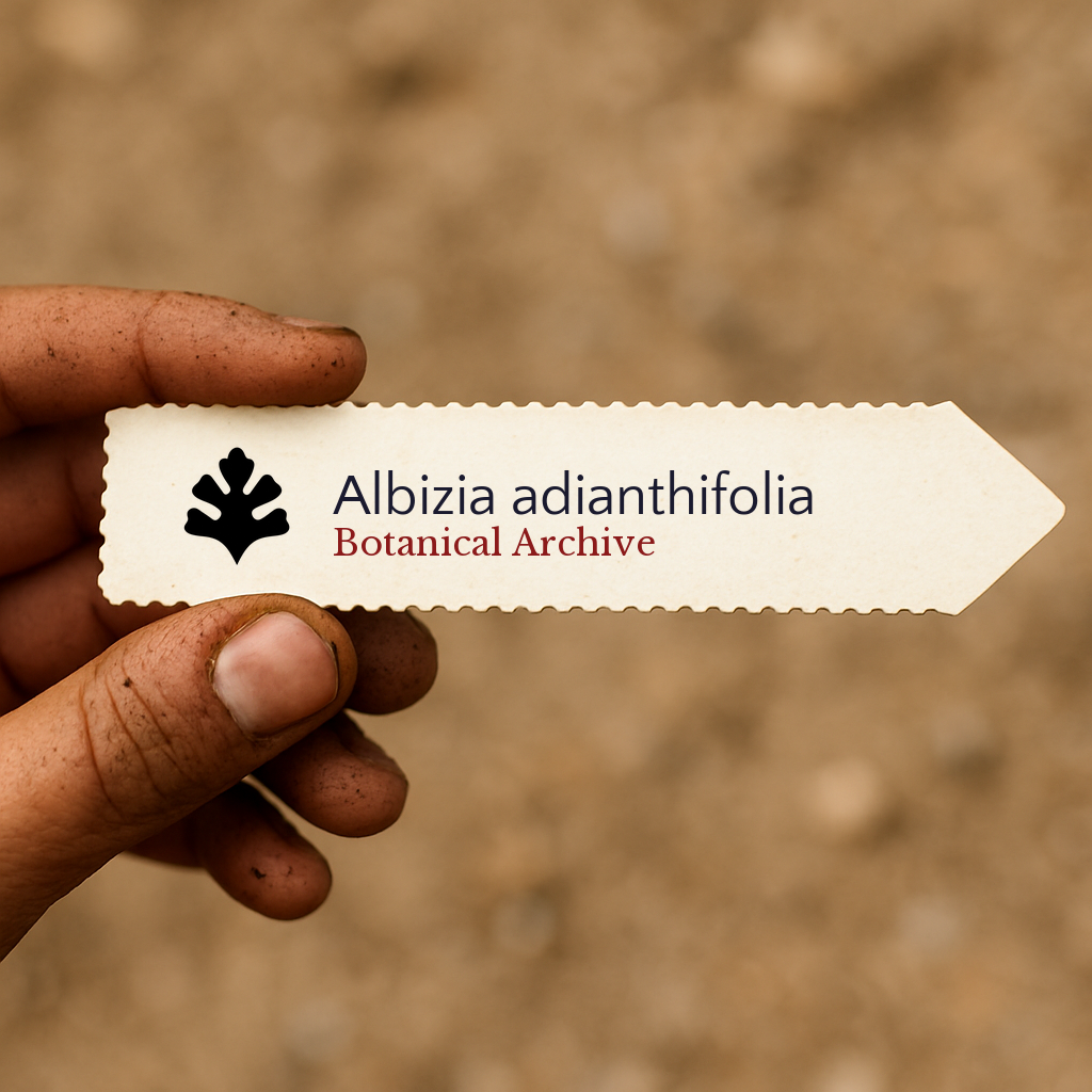 Etichetta per pianta stampata di Albizia adianthifolia tenuta in mano con sfondo di terra