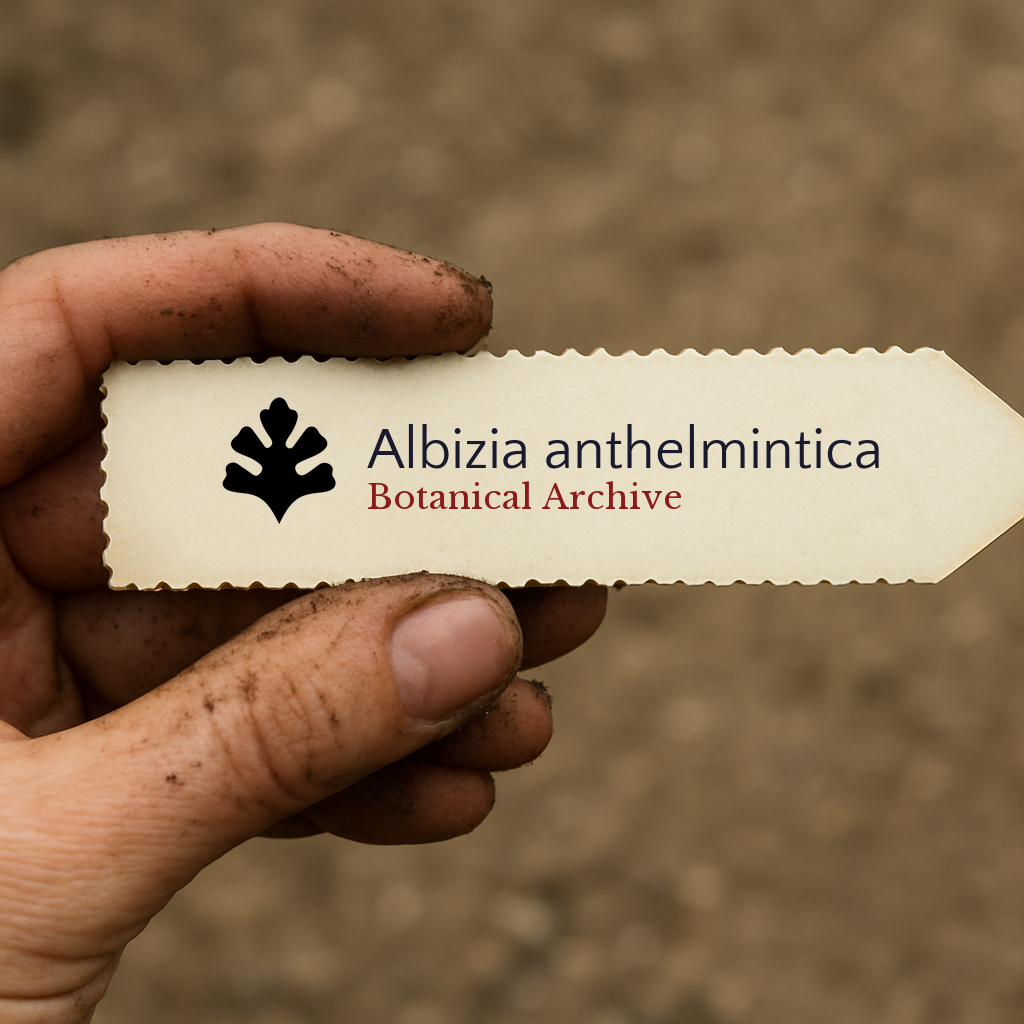 Etichetta per pianta stampata per Albizia anthelmintica tenuta a mano con sfondo di terreno
