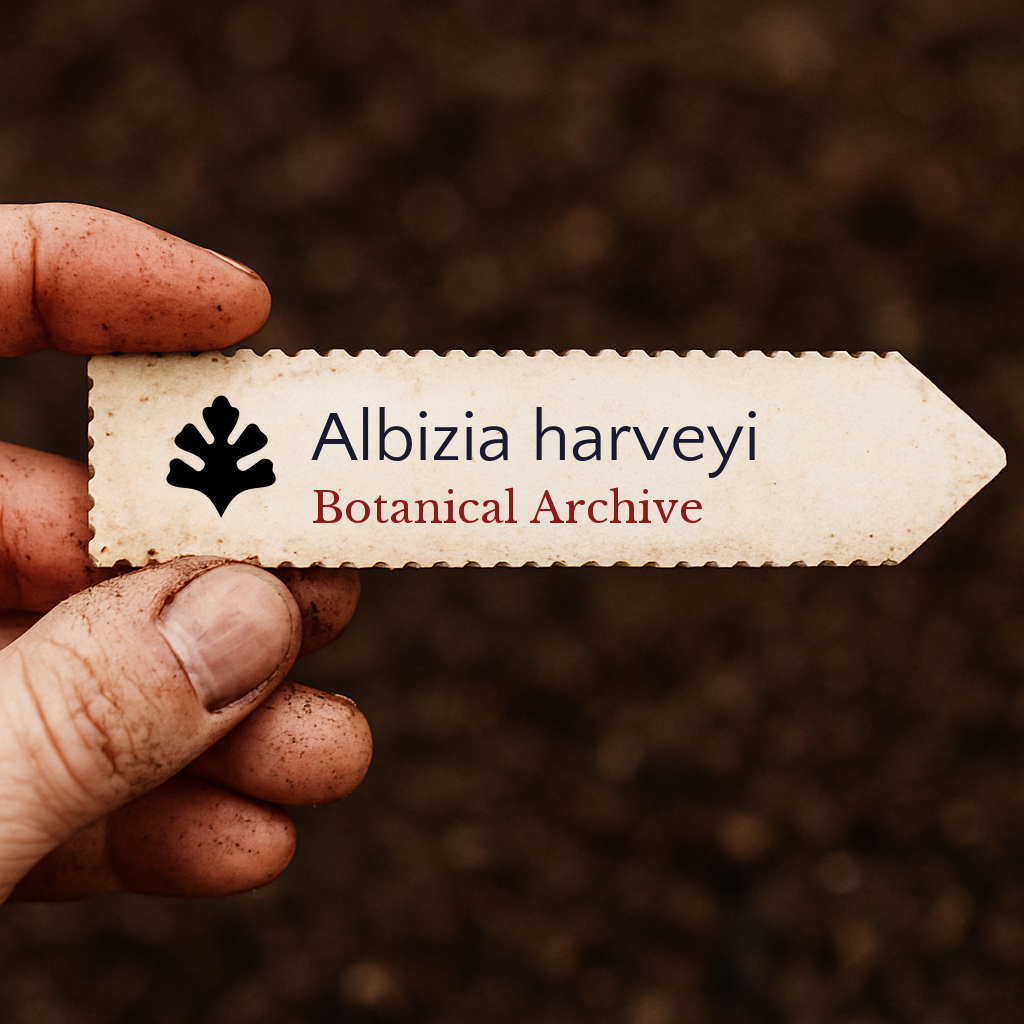 Etichetta per pianta stampata per Albizia harveyi tenuta in mano con sfondo di terreno