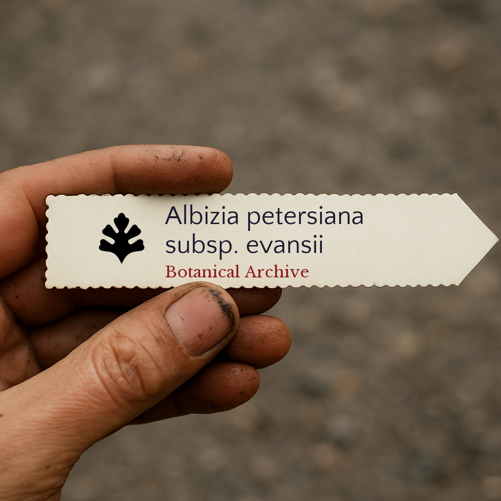Etichetta per pianta stampata per Albizia petersiana subsp. evansii tenuta da una mano sporca all'aperto