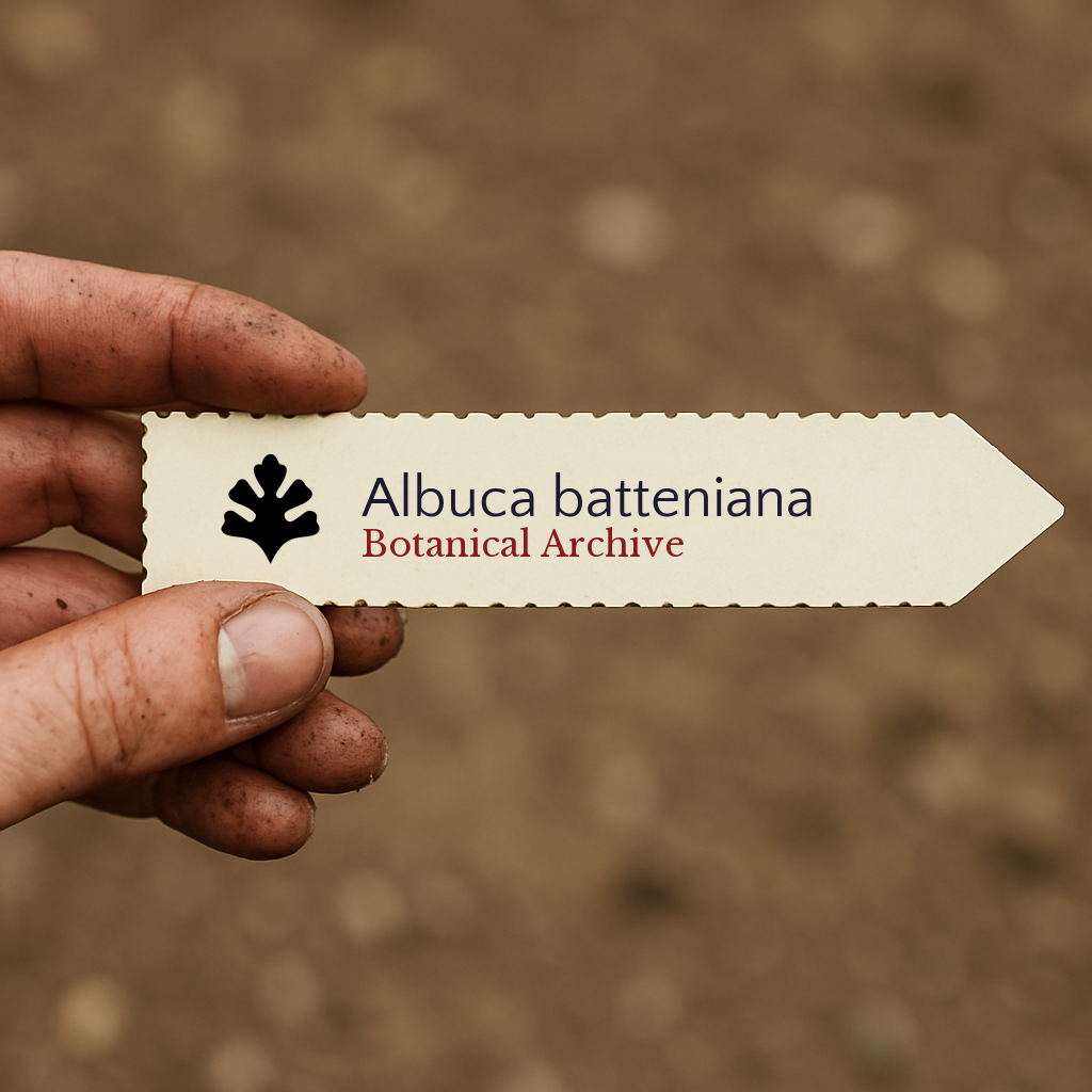 Printed plant label for Albuca batteniana held by dirty hand with blurred soil background