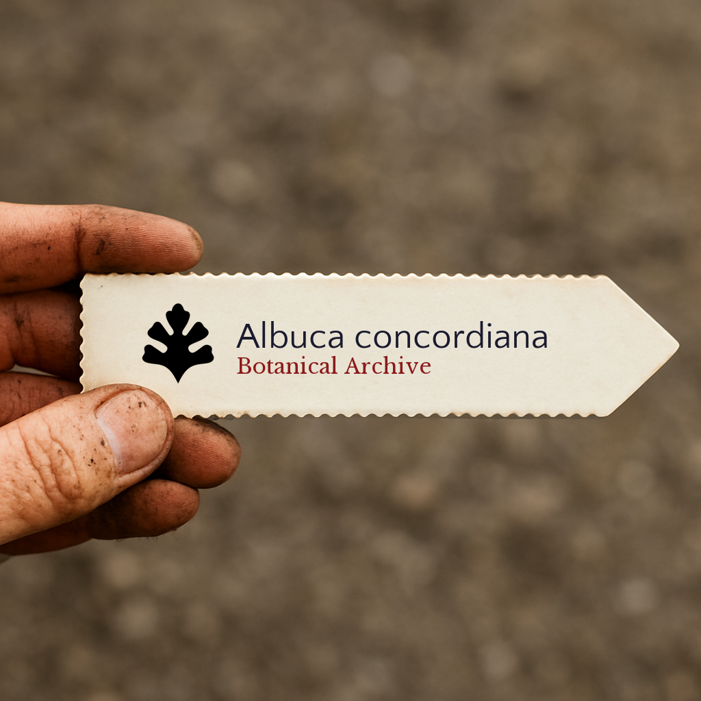 Etichetta per piante stampata per Albuca concordiana Botanical Archive tenuta da una mano sporca