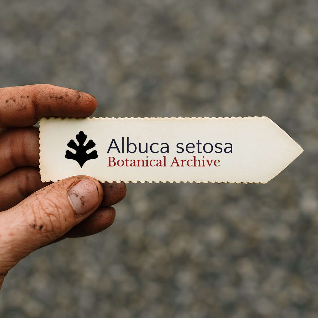 Etichetta stampata per pianta di Albuca setosa con logo Botanical Archive tenuta da una mano sporca