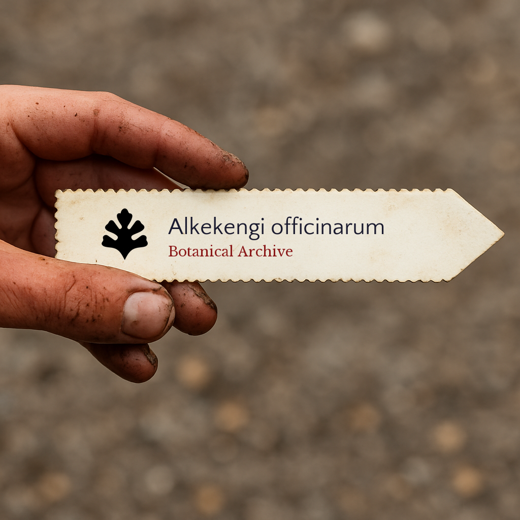 Printed plant label for Alkekengi officinarum held by a dirty hand outdoors