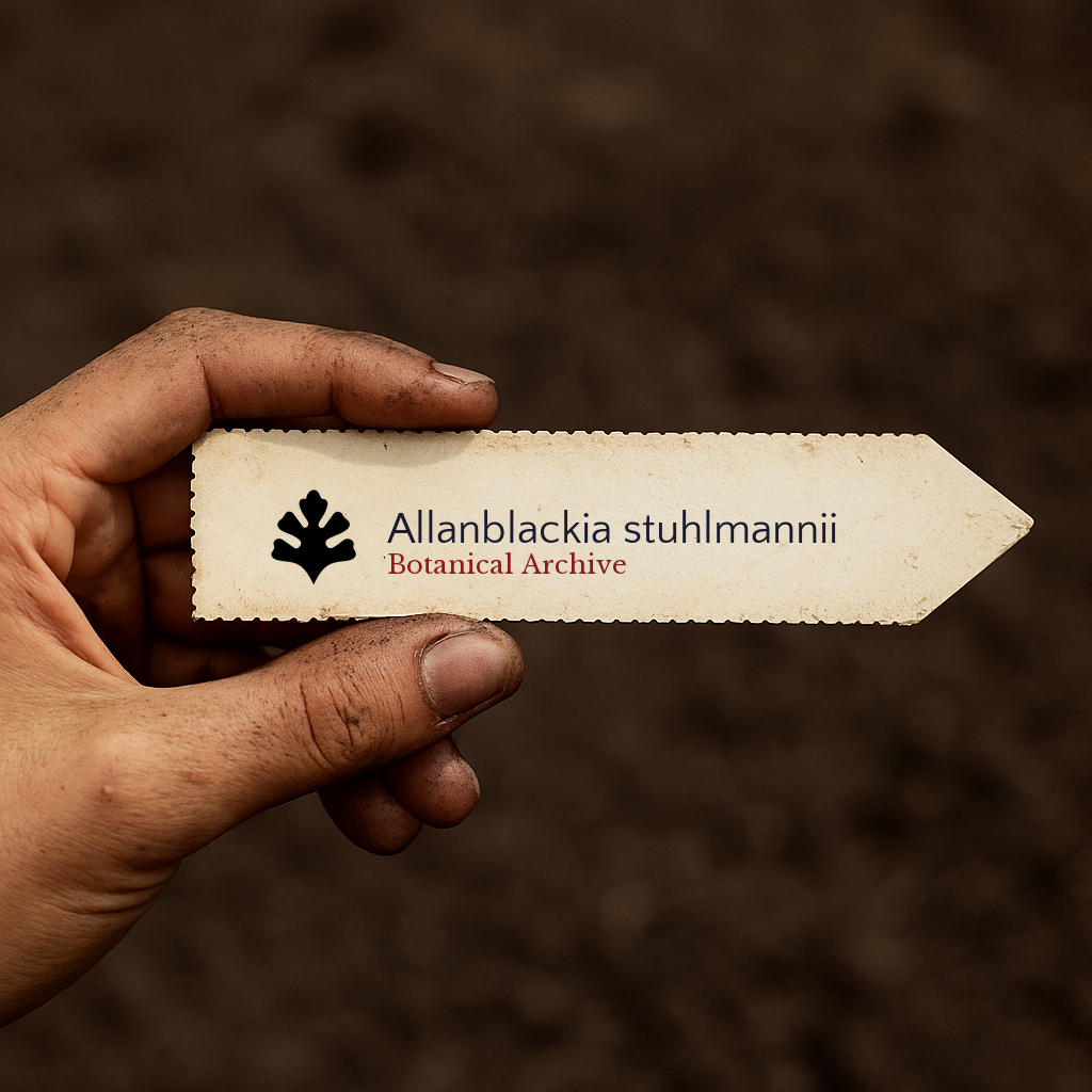 Printed plant label for Allanblackia stuhlmannii held by hand over soil background