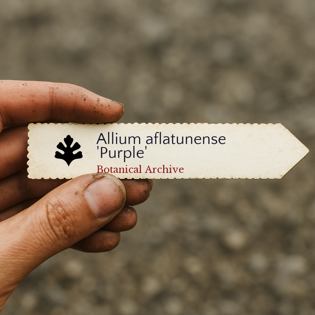 Printed plant label for Allium aflatunense 'Purple' held by dirty hand outdoors