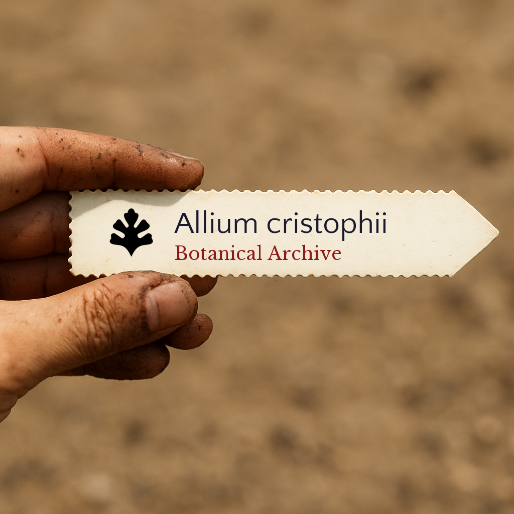 Etichetta stampata per pianta di Allium cristophii tenuta da mano sporca su sfondo di terreno