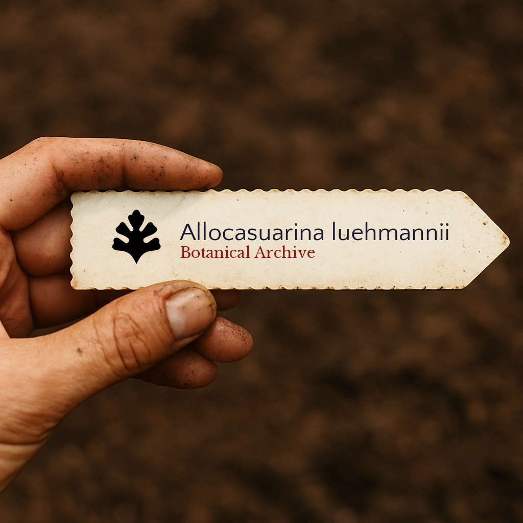 Etichetta stampata per pianta di Allocasuarina luehmannii tenuta da mano sporca su sfondo di terreno