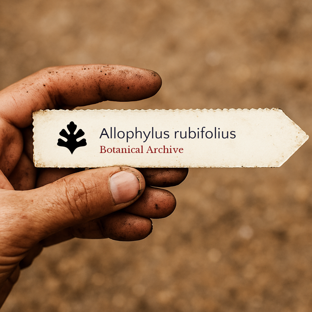 Printed plant label for Allophylus rubifolius held by dirty hand on blurred soil background