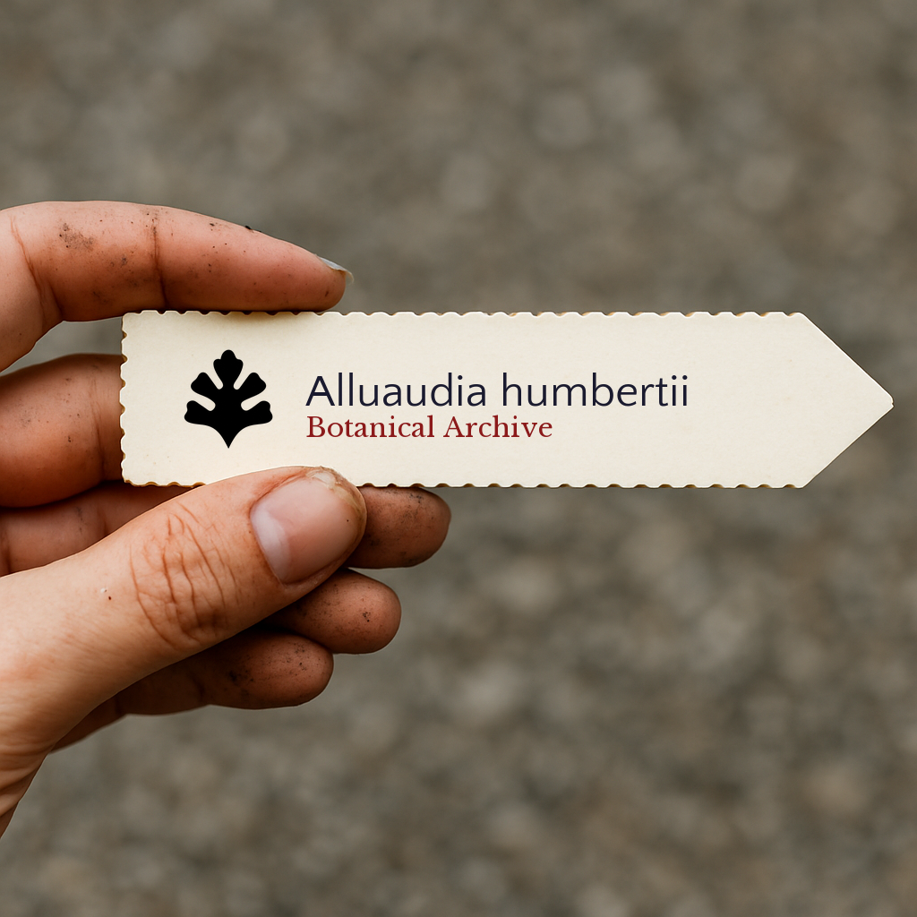Etichetta per pianta stampata per Alluaudia humbertii tenuta a mano con sfondo di terra