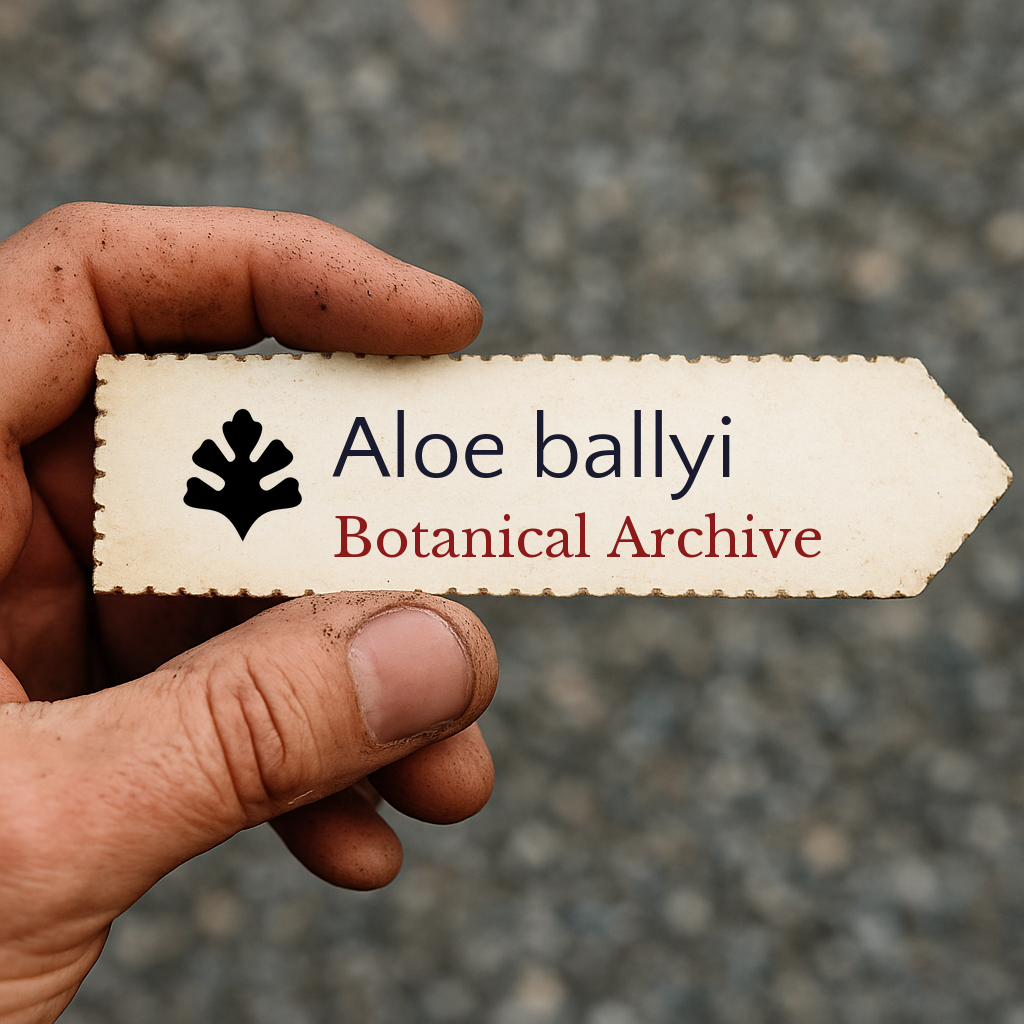 Printed plant label for Aloe ballyi held by dirty hand on gravel background