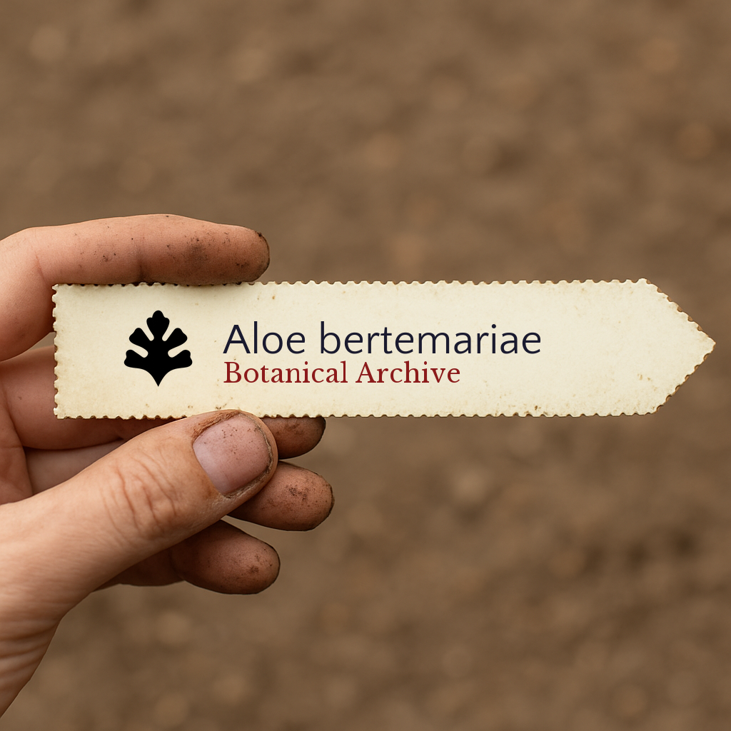 Etichetta per pianta stampata per Aloe bertemariae tenuta da mano sporca su sfondo di terreno