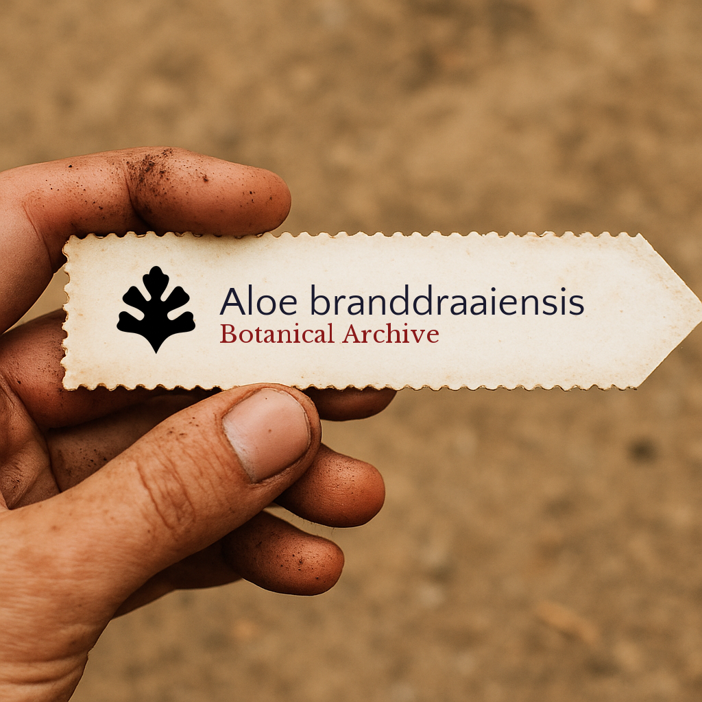 Etichetta per pianta stampata per Aloe branddraaiensis tenuta da mano sporca all'aperto