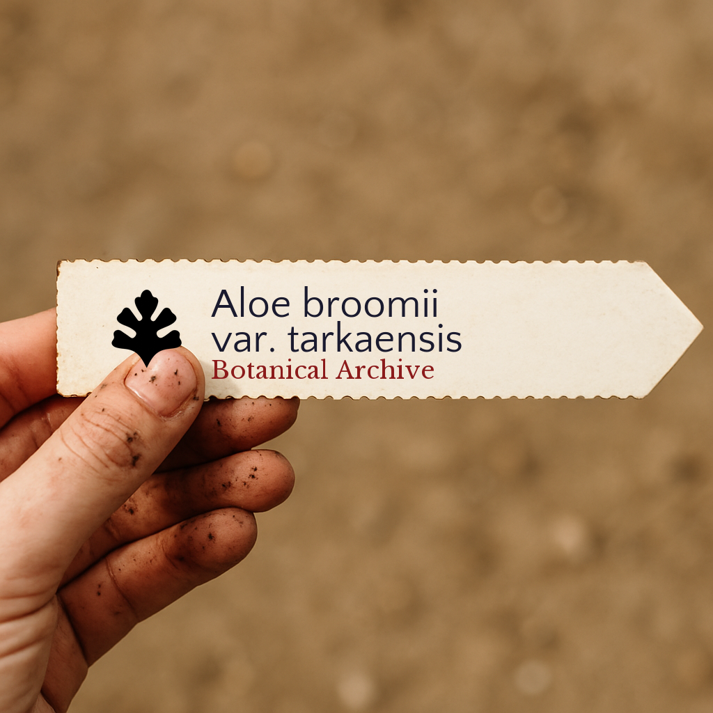 Etichetta stampata per pianta di Aloe broomii var. tarkaensis tenuta da una mano sporca su sfondo di terreno