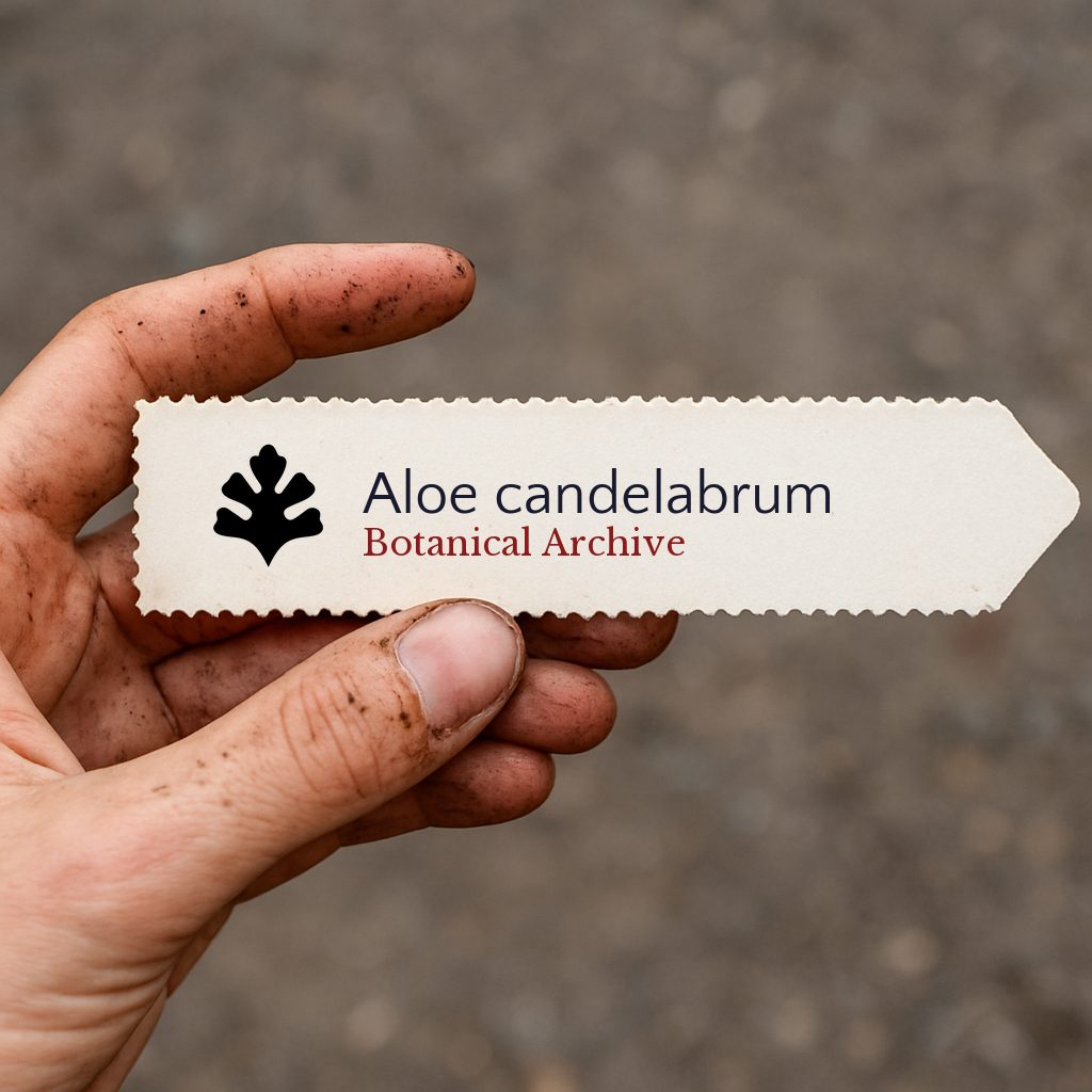 Etichetta per piante stampata per Aloe candelabrum tenuta da una mano sporca all'aperto