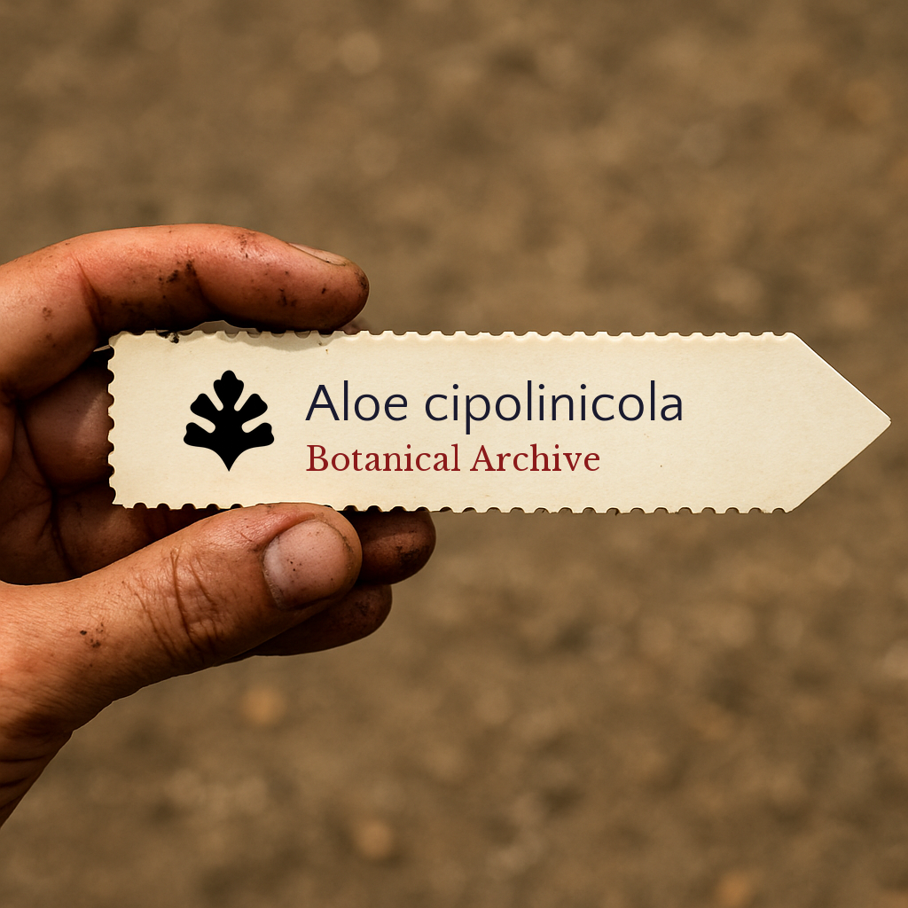 Etichetta per pianta stampata per Aloe cipolinicola tenuta da mano sporca all'aperto